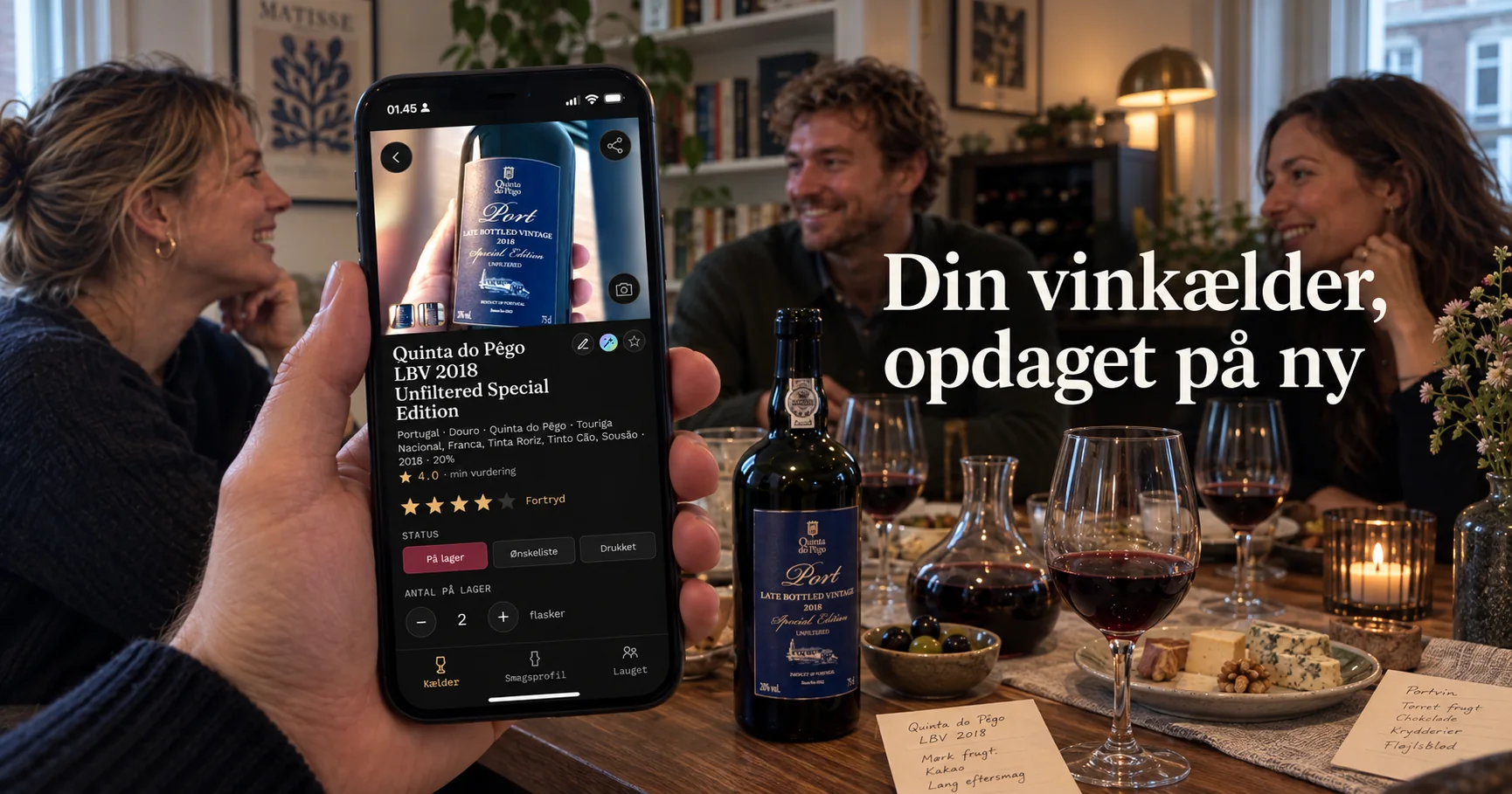 Kælderen-appen i brug: en Portvin logges under en middag med venner